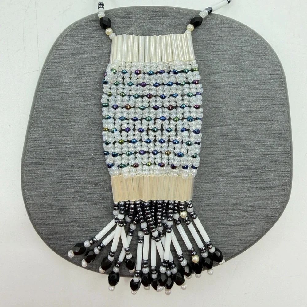 White Black Beaded Woven Fringe Pendant Necklace Boho Festival Statement Gift